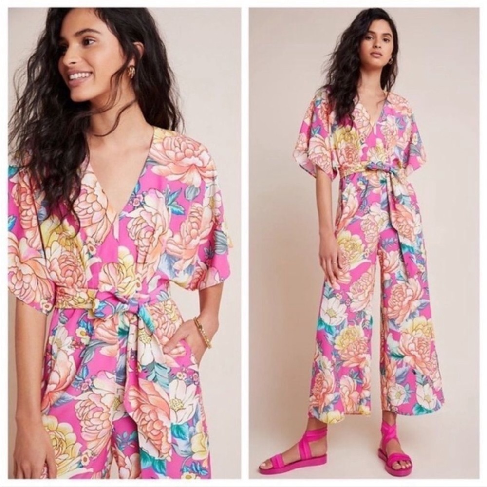 Anthropologie Farm Rio Pink Floral “Eulalie” Wide Leg Jumpsuit